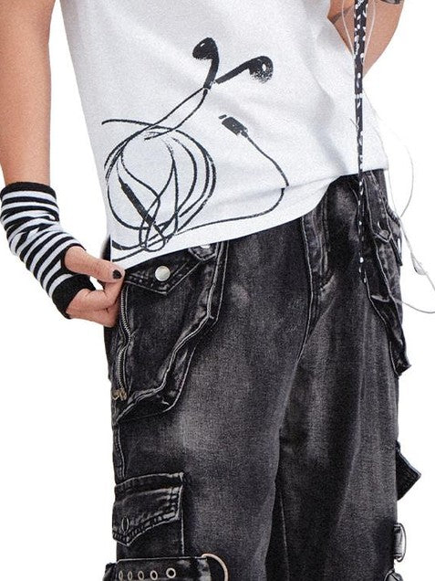 RebelSeed Y2k Punk Skull Demon Heat Transfer Collar Women's Cotton Short Sleeve T-shirts