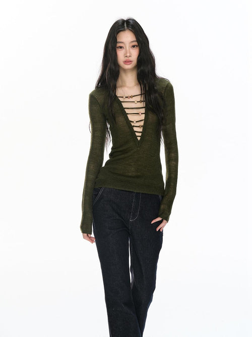RedBling American Cutout Lace Up V-neck Slim Fit Women's Knit Long Sleeve T-shirts