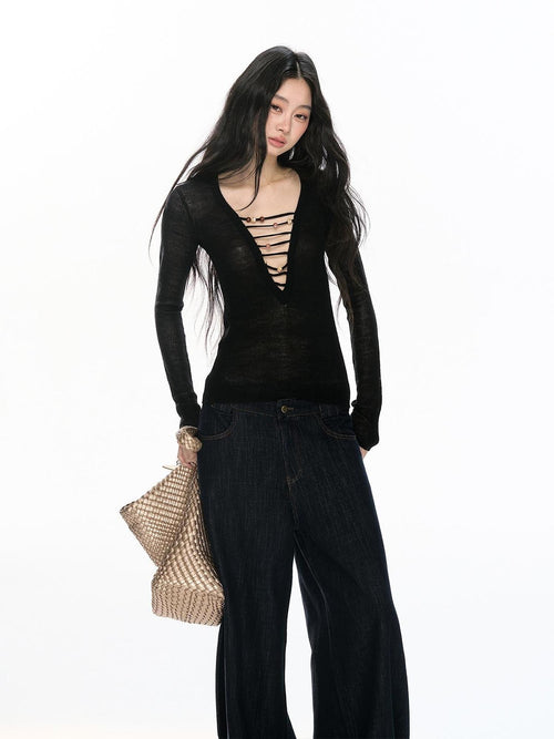 RedBling American Cutout Lace Up V-neck Slim Fit Women's Knit Long Sleeve T-shirts