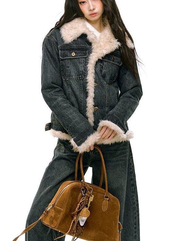 RedBling American Vintage Fur Collar Quilted Short Women's Denim Jackets