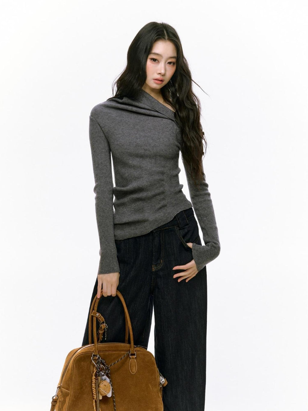 RedBling Asymmetric Neck Buttoned Knit Slim Women's Long Sleeve T-shirts