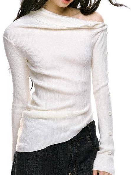 RedBling Asymmetric Neck Buttoned Knit Slim Women's Long Sleeve T-shirts