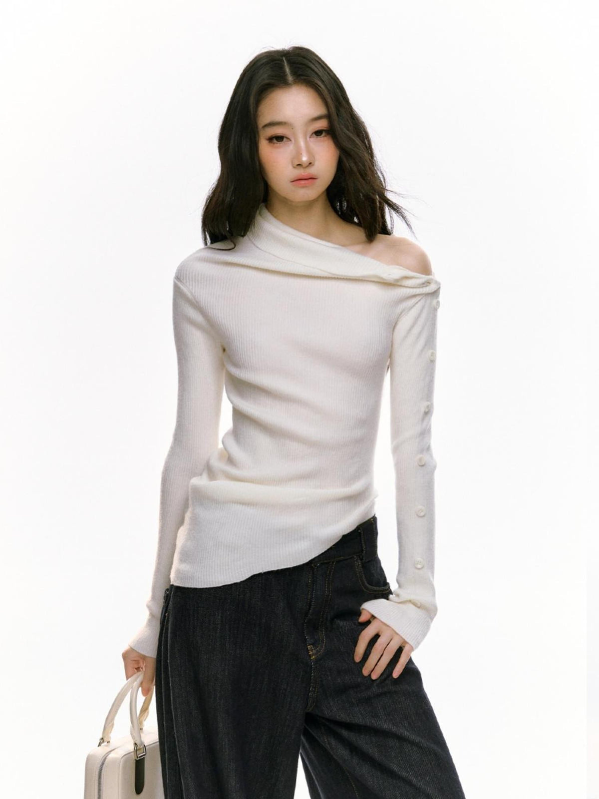 RedBling Asymmetric Neck Buttoned Knit Slim Women's Long Sleeve T-shirts