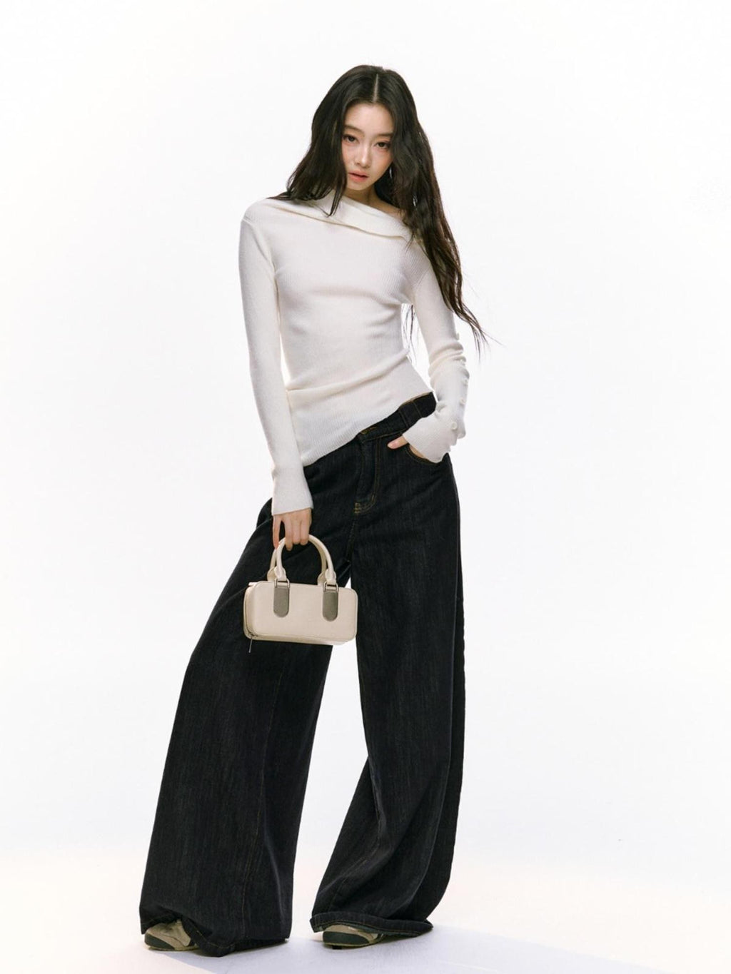 RedBling Asymmetric Neck Buttoned Knit Slim Women's Long Sleeve T-shirts