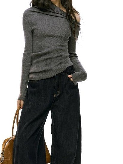 RedBling Asymmetric Neck Buttoned Knit Slim Women's Long Sleeve T-shirts