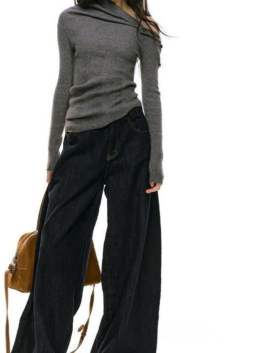 RedBling Asymmetric Neck Buttoned Knit Slim Women's Long Sleeve T-shirts