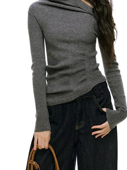 RedBling Asymmetric Neck Buttoned Knit Slim Women's Long Sleeve T-shirts