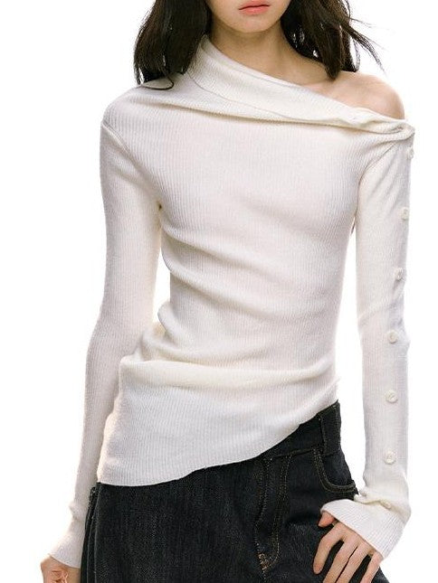 RedBling Asymmetric Neck Buttoned Knit Slim Women's Long Sleeve T-shirts