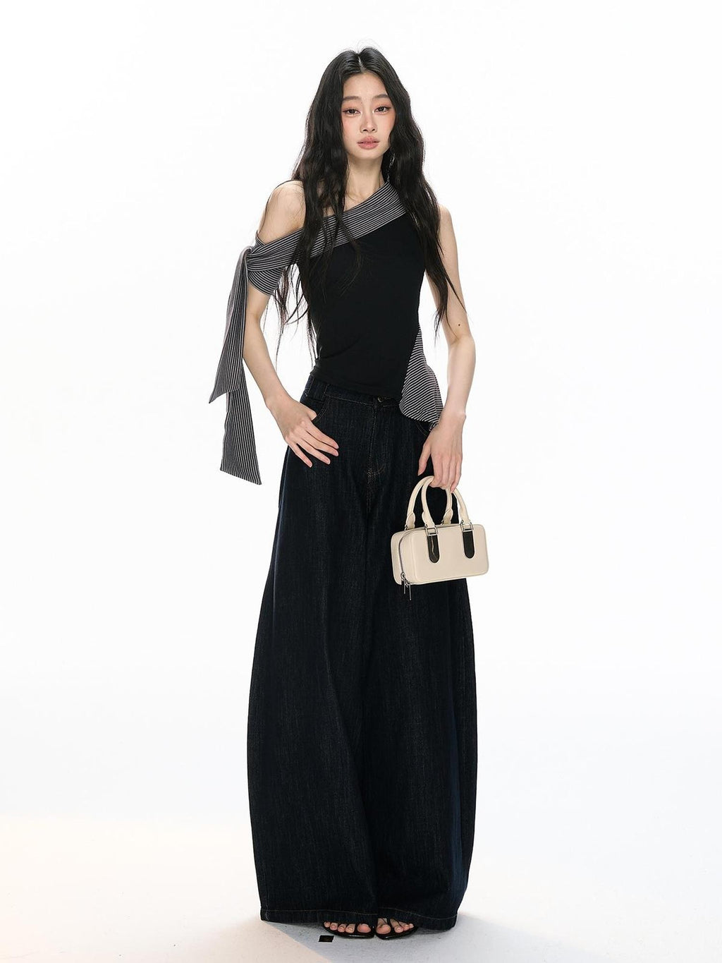 RedBling Black Striped Asymmetric Shoulder Slim Fit Women's Tank Tops