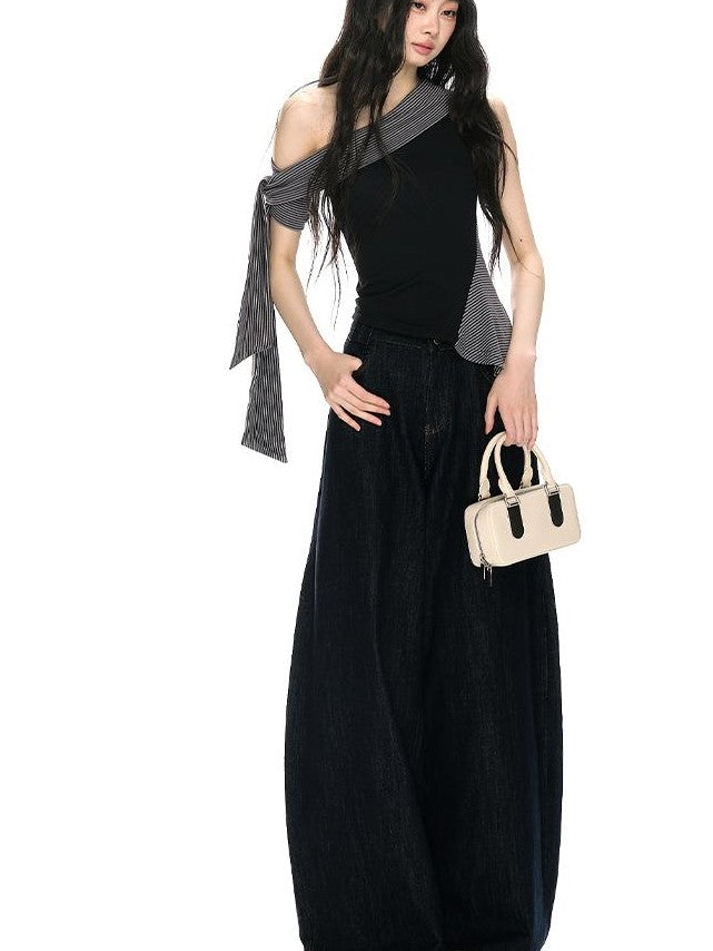 RedBling Black Striped Asymmetric Shoulder Slim Fit Women's Tank Tops