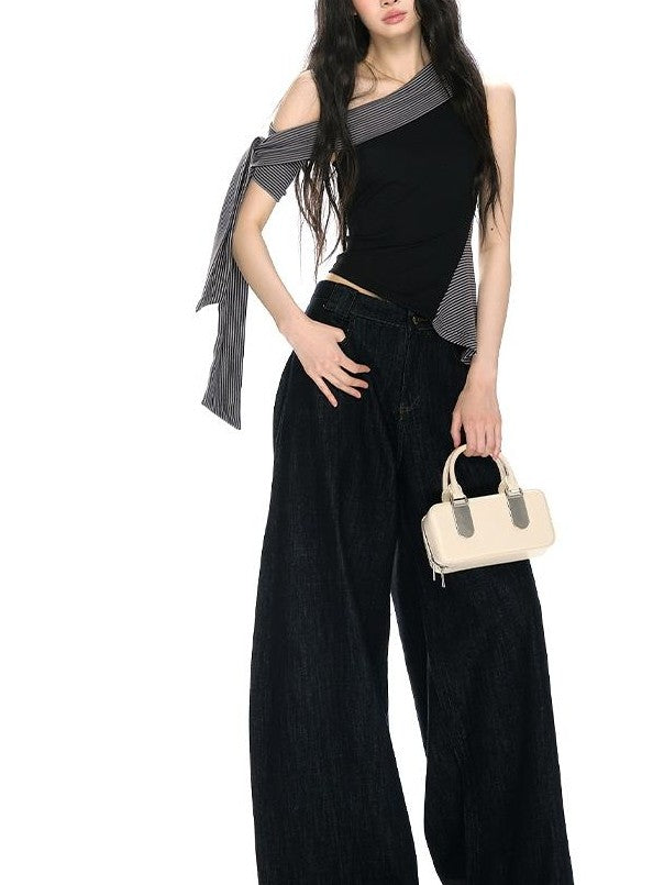 RedBling Black Striped Asymmetric Shoulder Slim Fit Women's Tank Tops