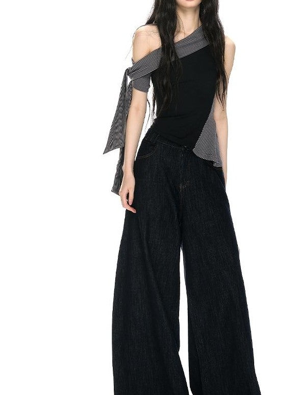 RedBling Black Striped Asymmetric Shoulder Slim Fit Women's Tank Tops