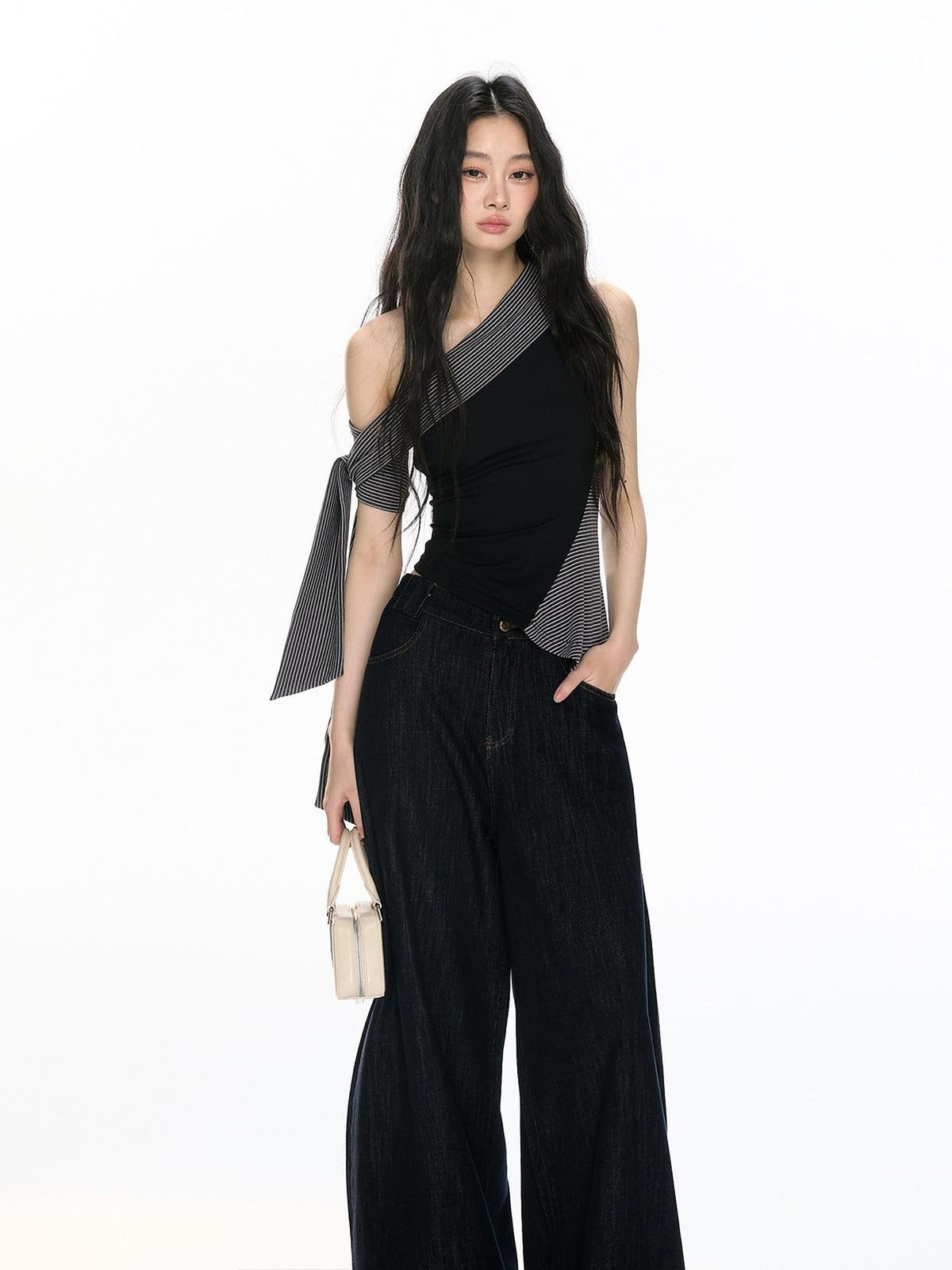 RedBling Black Striped Asymmetric Shoulder Slim Fit Women's Tank Tops