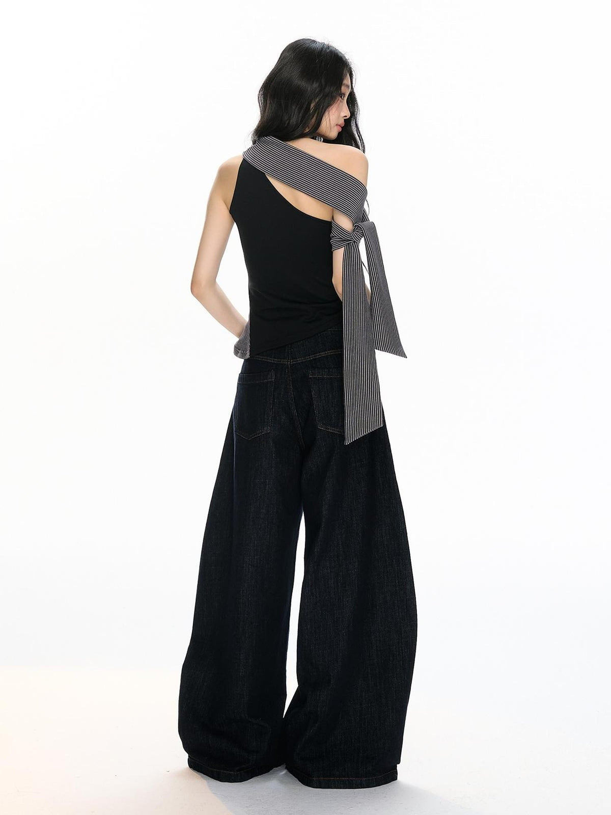 RedBling Black Striped Asymmetric Shoulder Slim Fit Women's Tank Tops