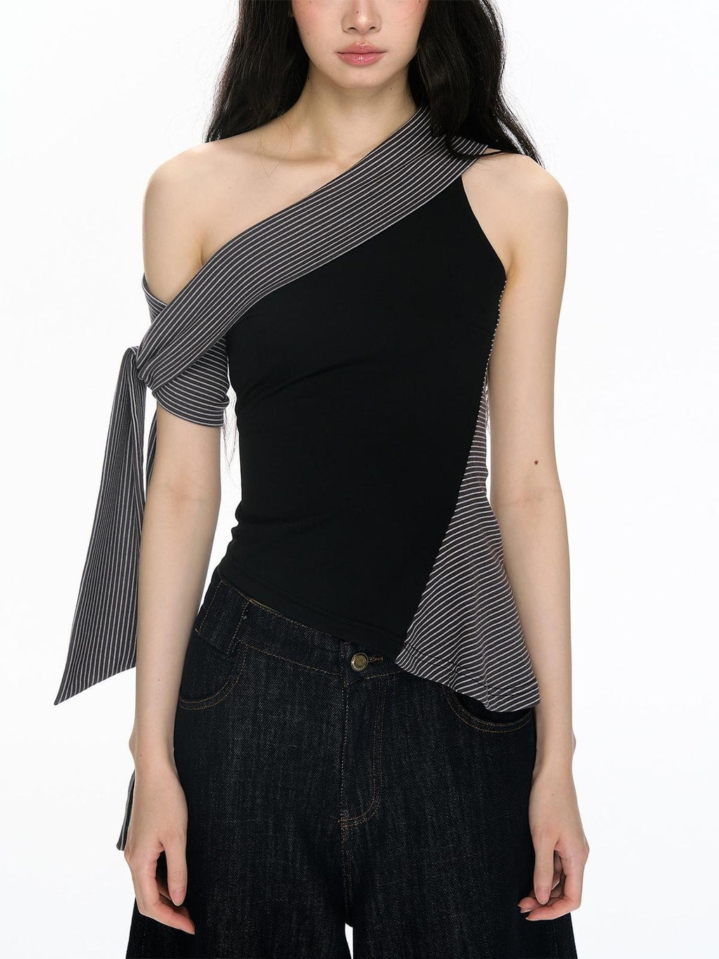 RedBling Black Striped Asymmetric Shoulder Slim Fit Women's Tank Tops