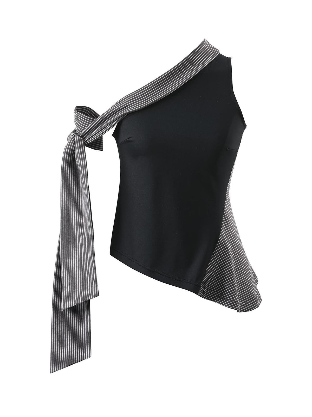 RedBling Black Striped Asymmetric Shoulder Slim Fit Women's Tank Tops