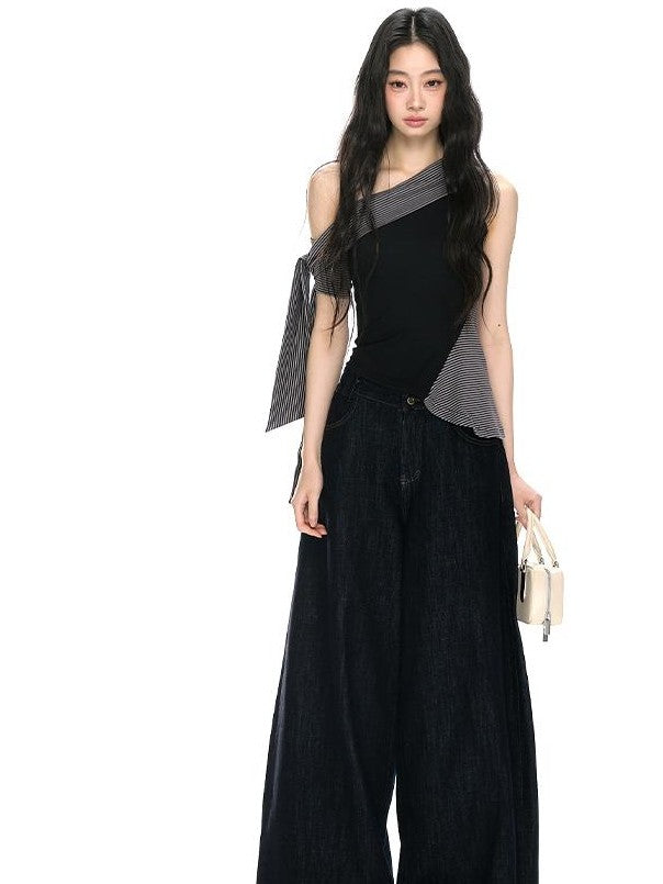 RedBling Black Striped Asymmetric Shoulder Slim Fit Women's Tank Tops