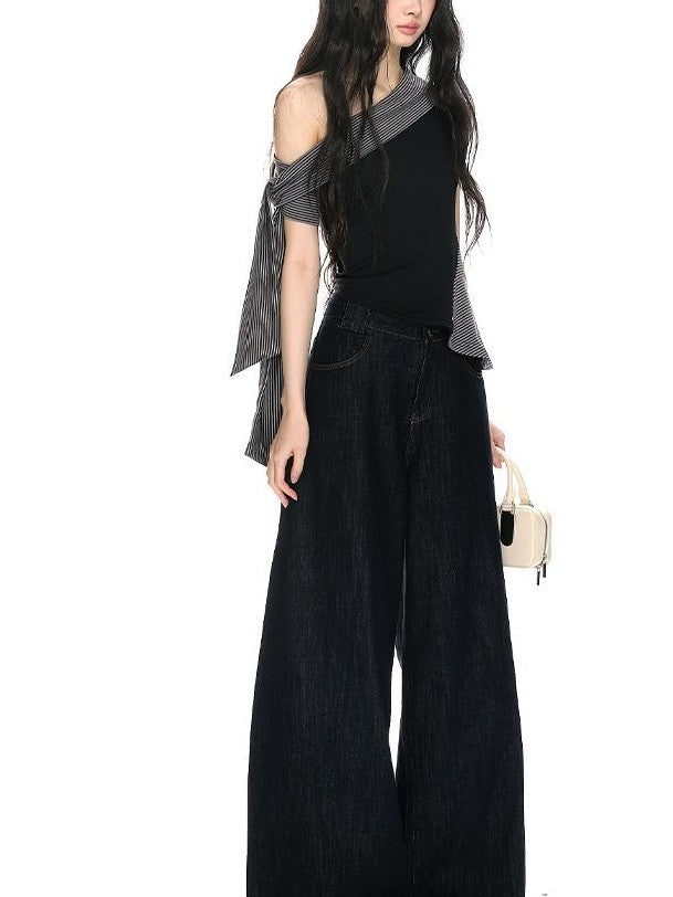 RedBling Black Striped Asymmetric Shoulder Slim Fit Women's Tank Tops