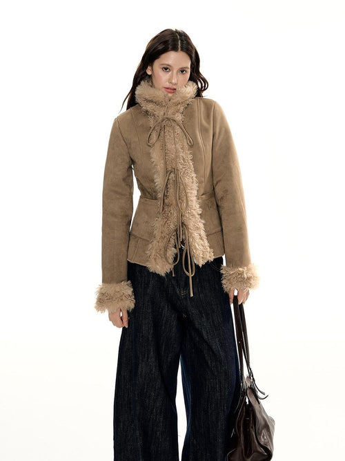 RedBling Bow Tie Slim Fit Faux Shearling Women's Polyester Blend Casual Jackets