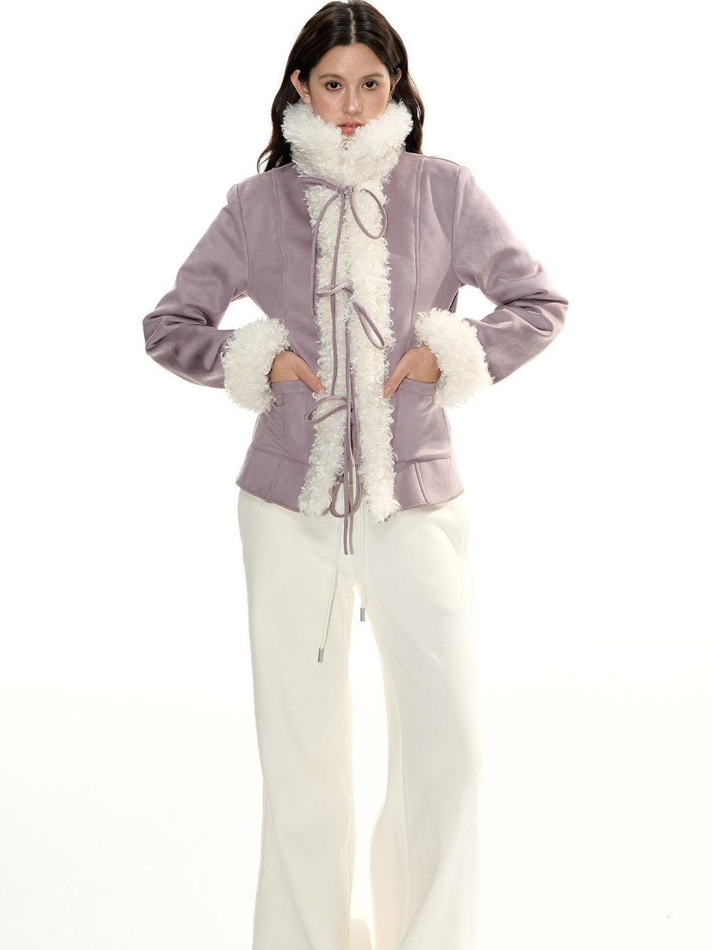 RedBling Bow Tie Slim Fit Faux Shearling Women's Polyester Blend Casual Jackets