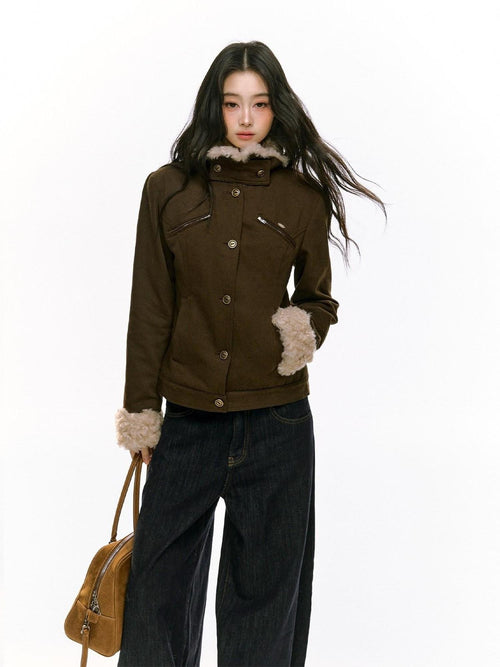 RedBling Brown Fur Collar Waist Cinch Slimming Women's Cotton Filled Down Jackets