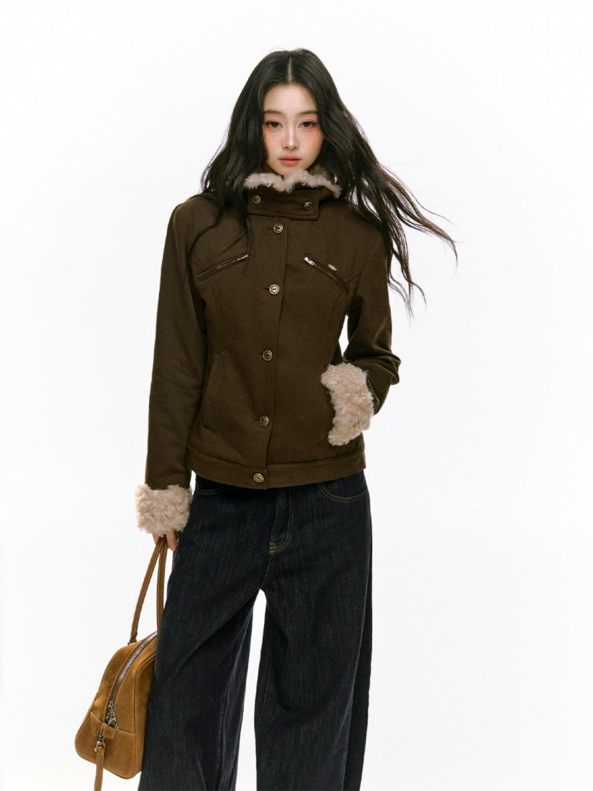 RedBling Brown Fur Collar Waist Slimming Slim Fit Women's Cotton Padded Casual Jackets