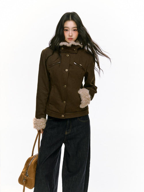 RedBling Brown Fur Collar Waist Slimming Slim Fit Women's Cotton Padded Casual Jackets