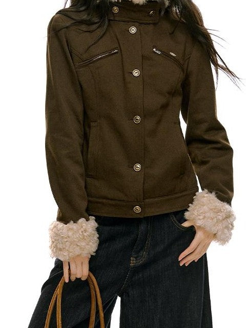RedBling Brown Fur Collar Waist Slimming Slim Fit Women's Cotton Padded Casual Jackets