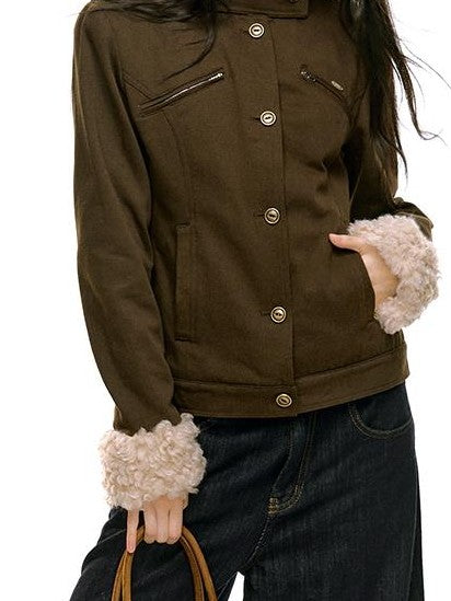 RedBling Brown Fur Collar Waist Slimming Slim Fit Women's Cotton Padded Casual Jackets