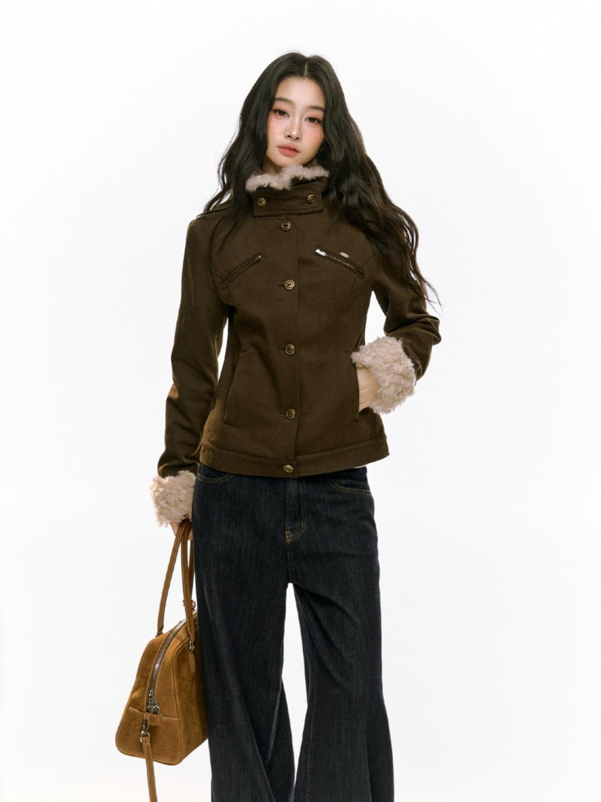 RedBling Brown Fur Collar Waist Slimming Slim Fit Women's Cotton Padded Casual Jackets