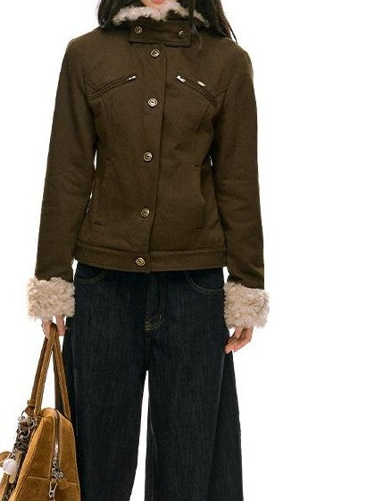 RedBling Brown Fur Collar Waist Slimming Slim Fit Women's Cotton Padded Casual Jackets