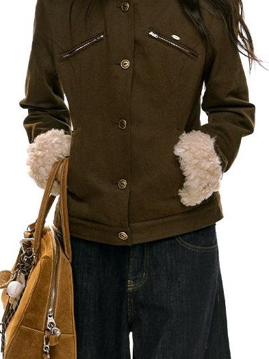 RedBling Brown Fur Collar Waist Slimming Slim Fit Women's Cotton Padded Casual Jackets