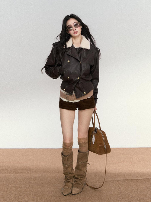 RedBling Brown Shearling Double Breasted Cropped Lapel Women's Leather Jackets