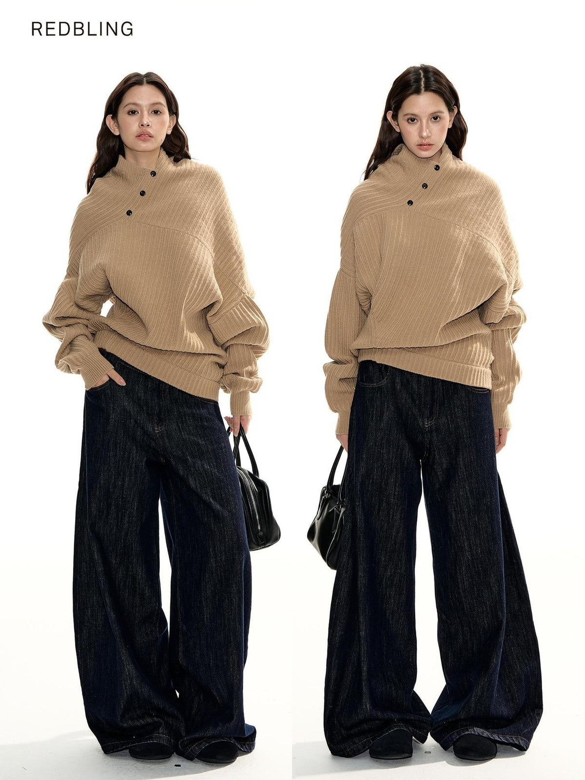RedBling Camel Asymmetric Button Front Thick Women's Acrylic Blend Pullover Sweaters