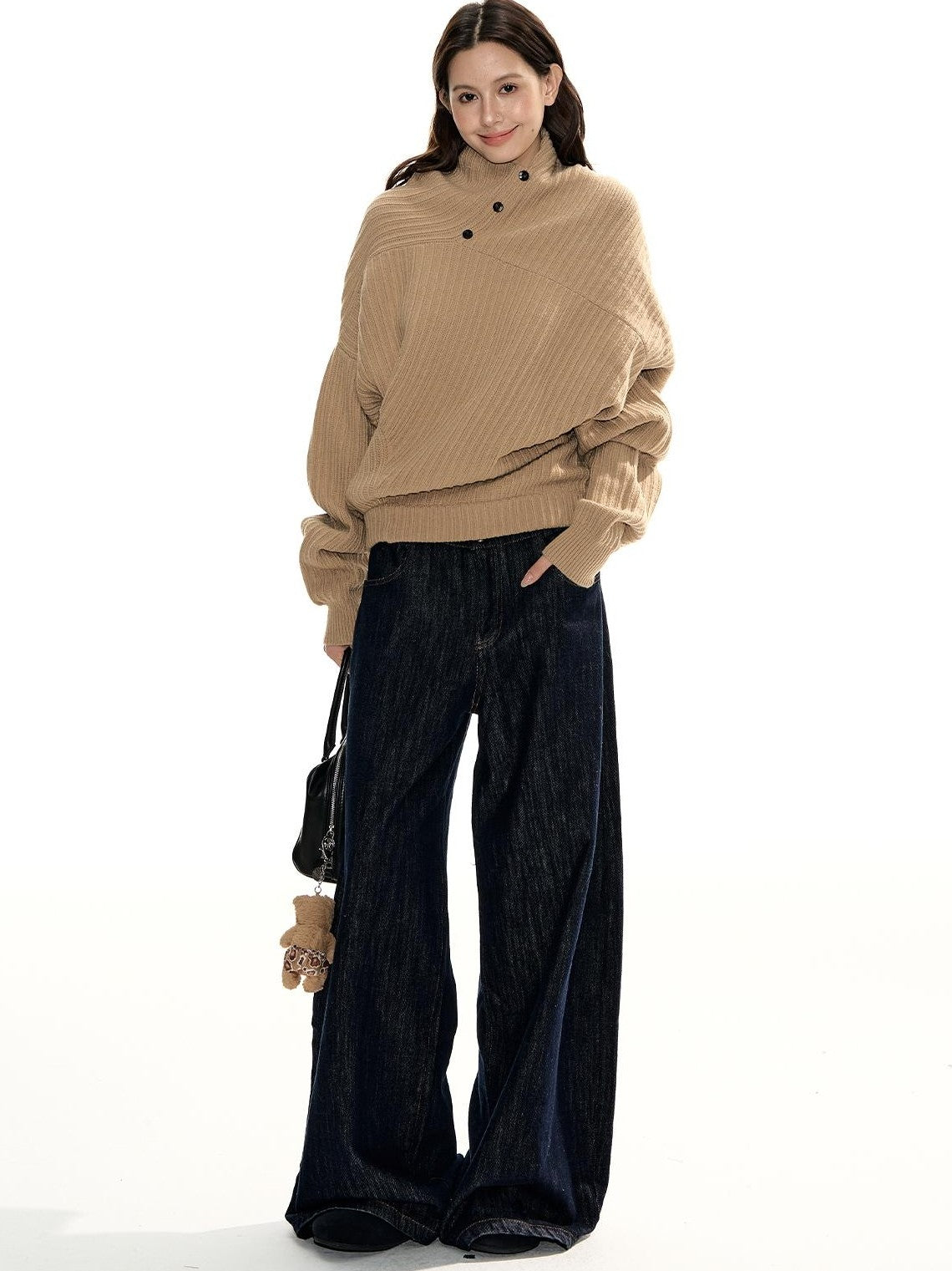 RedBling Camel Asymmetric Button Front Thick Women's Acrylic Blend Pullover Sweaters