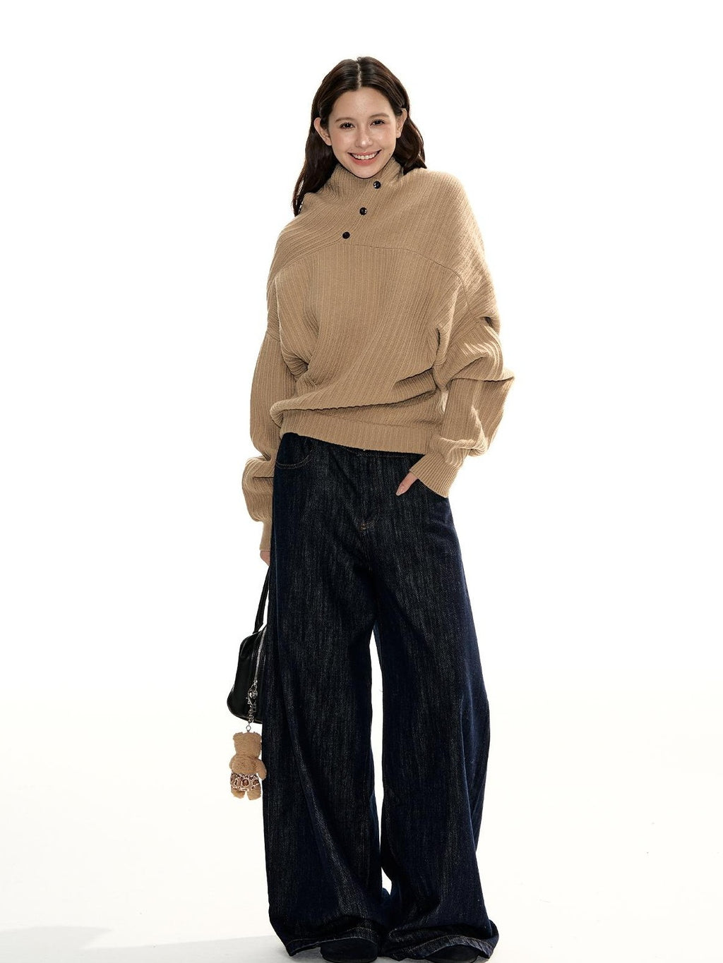 RedBling Camel Asymmetric Button Front Thick Women's Acrylic Blend Pullover Sweaters