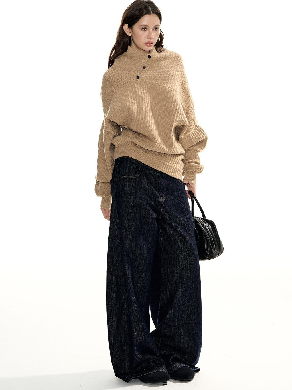 RedBling Camel Asymmetric Button Front Thick Women's Acrylic Blend Pullover Sweaters