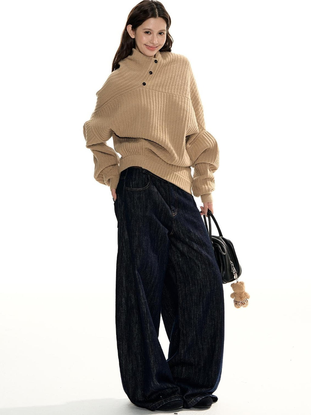 RedBling Camel Asymmetric Button Front Thick Women's Acrylic Blend Pullover Sweaters