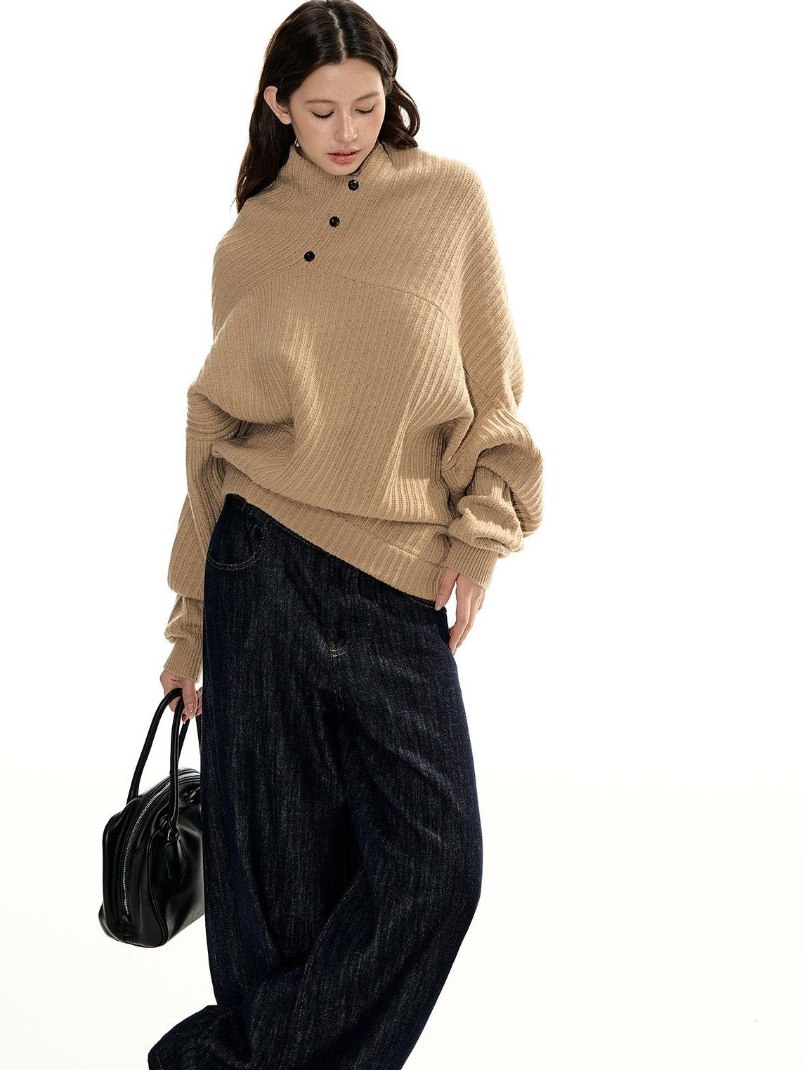 RedBling Camel Asymmetric Button Front Thick Women's Acrylic Blend Pullover Sweaters