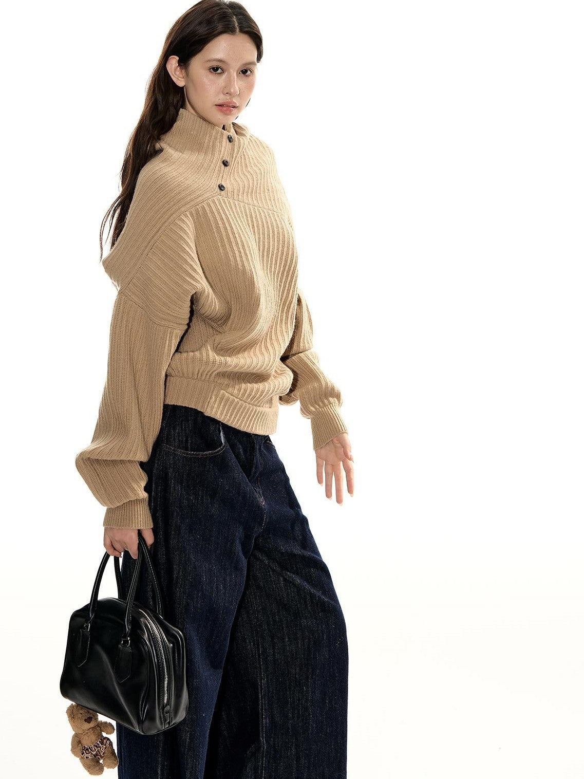 RedBling Camel Asymmetric Button Front Thick Women's Acrylic Blend Pullover Sweaters