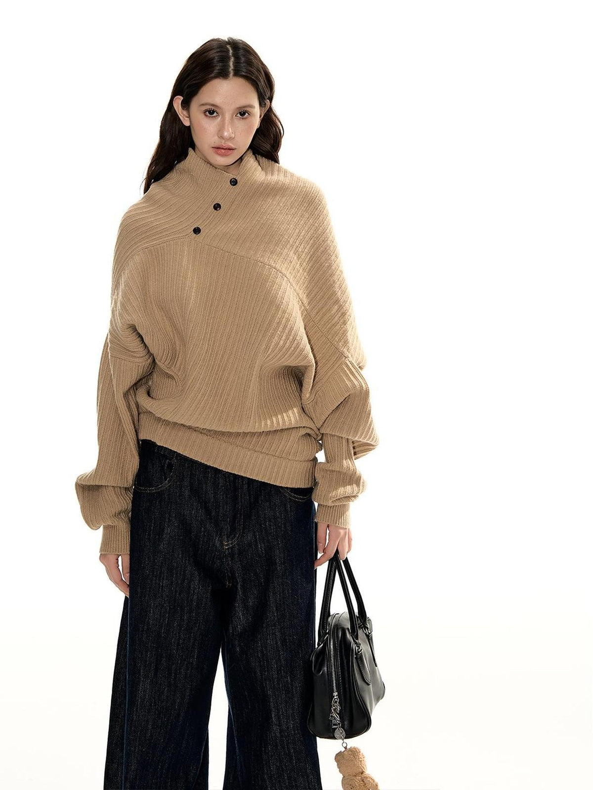 RedBling Camel Asymmetric Button Front Thick Women's Acrylic Blend Pullover Sweaters