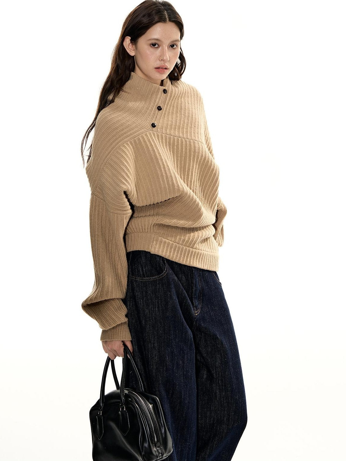 RedBling Camel Asymmetric Button Front Thick Women's Acrylic Blend Pullover Sweaters