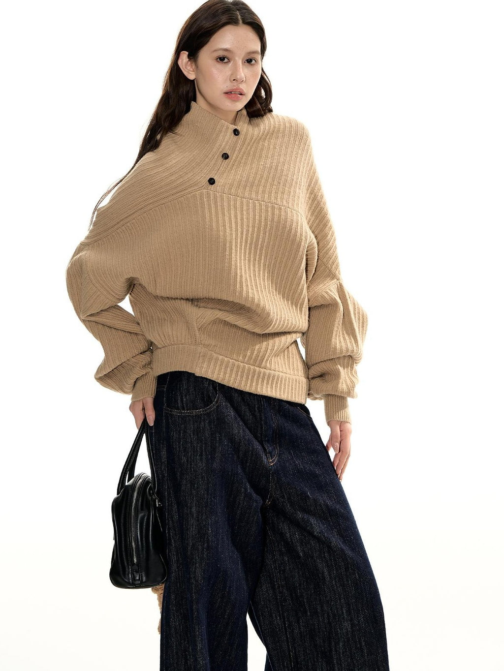 RedBling Camel Asymmetric Button Front Thick Women's Acrylic Blend Pullover Sweaters
