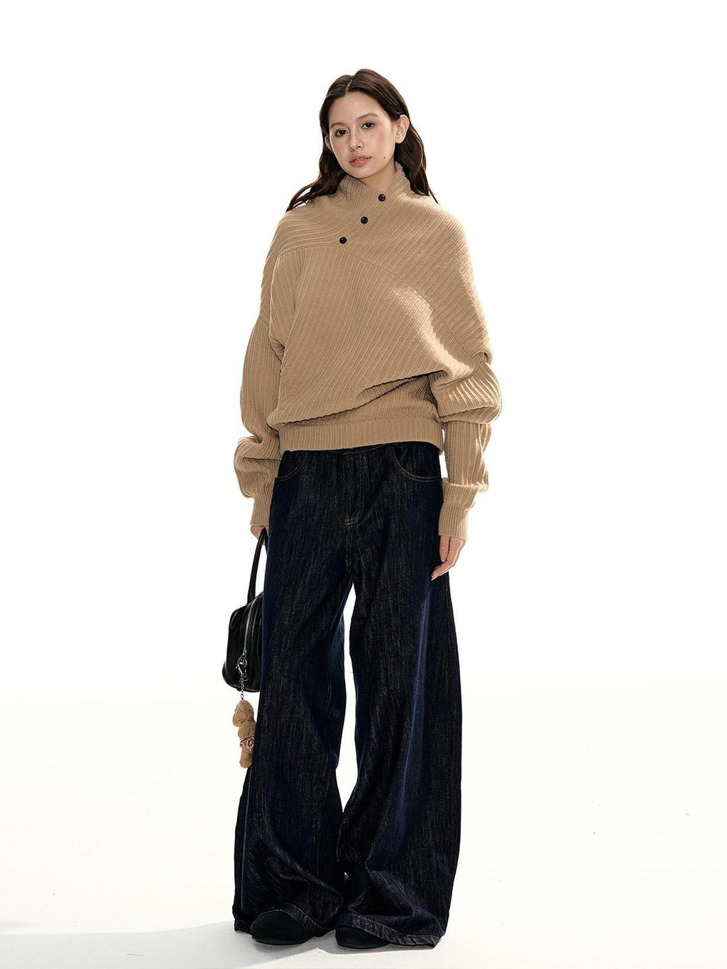 RedBling Camel Asymmetric Button Front Thick Women's Acrylic Blend Pullover Sweaters