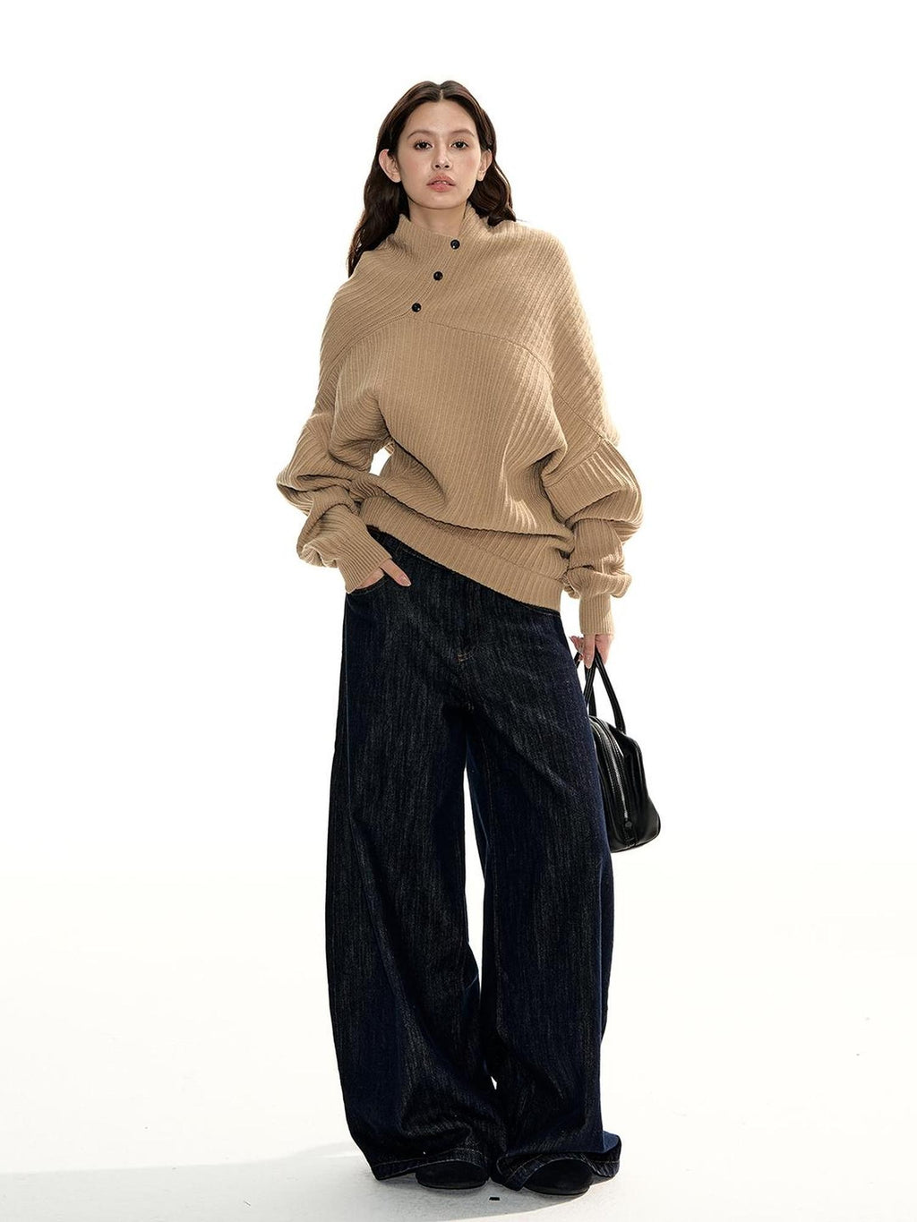 RedBling Camel Asymmetric Button Front Thick Women's Acrylic Blend Pullover Sweaters
