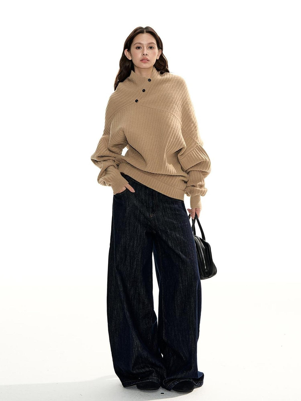 RedBling Camel Asymmetric Button Front Thick Women's Acrylic Blend Pullover Sweaters