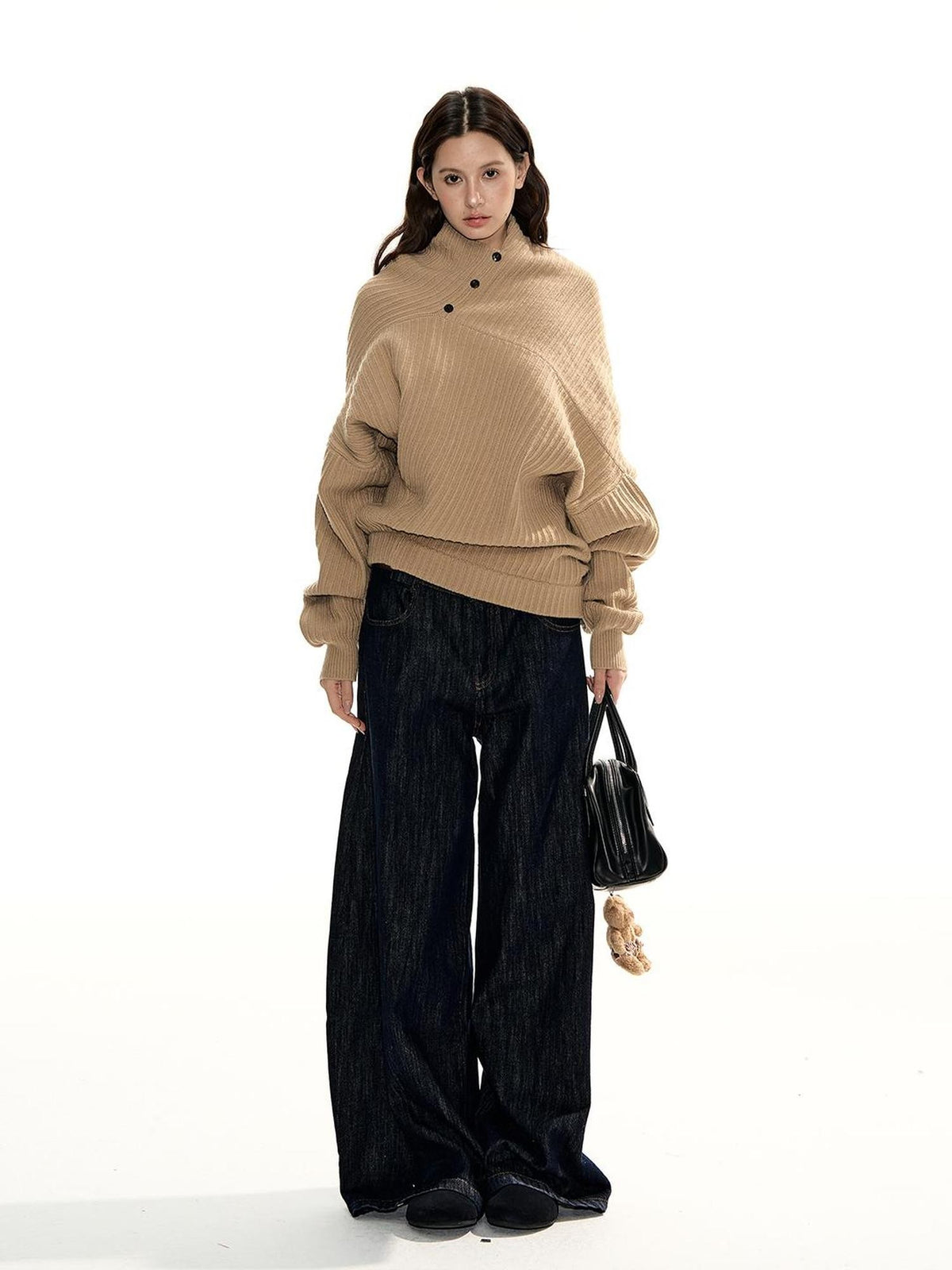 RedBling Camel Asymmetric Button Front Thick Women's Acrylic Blend Pullover Sweaters