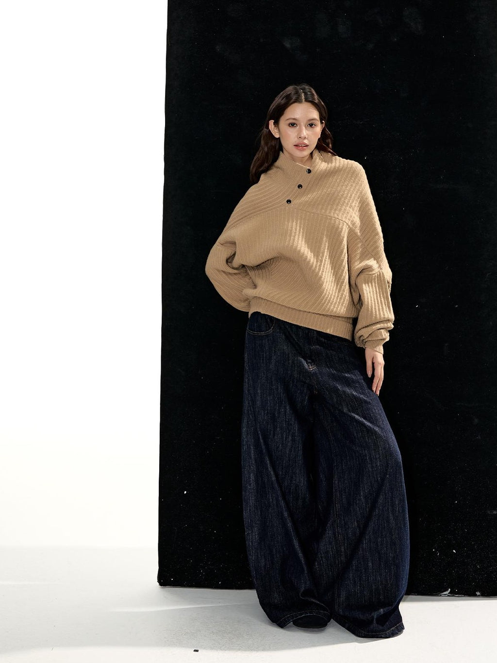 RedBling Camel Asymmetric Button Front Thick Women's Acrylic Blend Pullover Sweaters