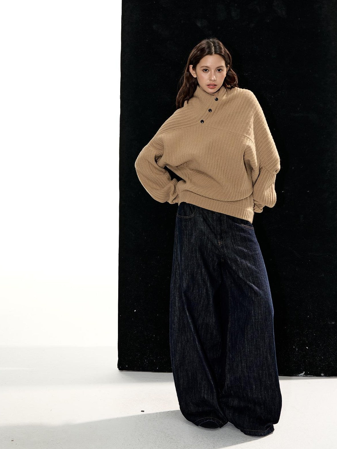 RedBling Camel Asymmetric Button Front Thick Women's Acrylic Blend Pullover Sweaters