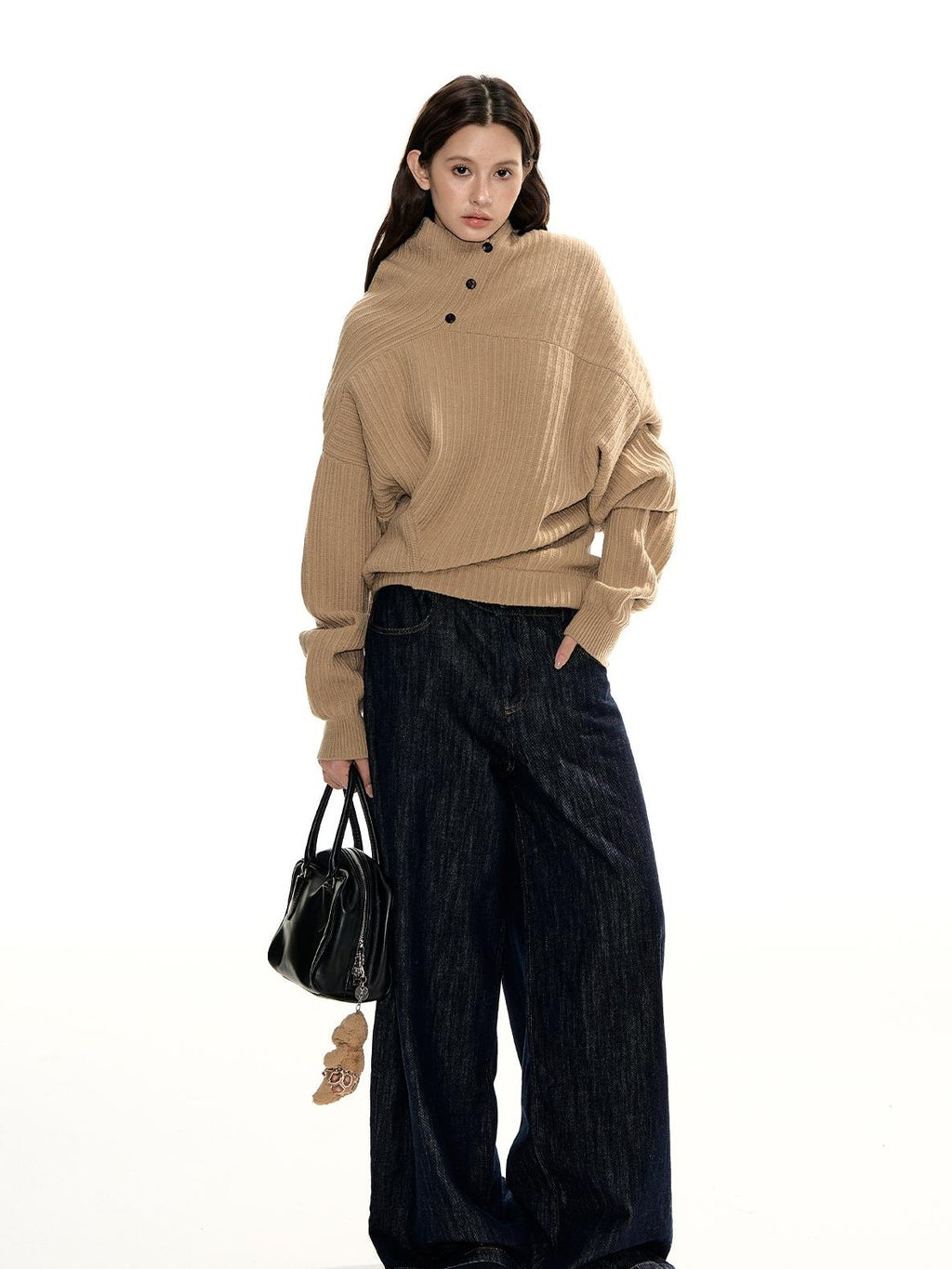 RedBling Camel Asymmetric Button Front Thick Women's Acrylic Blend Pullover Sweaters
